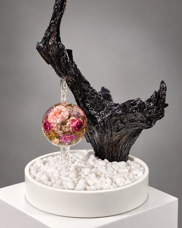 Fonte de água com tronco e esfera de flores