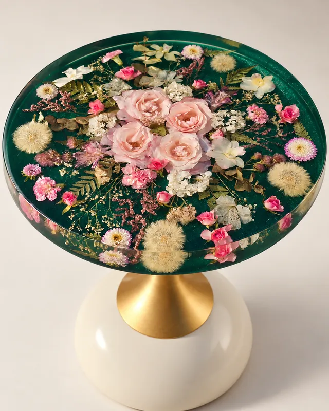Mesa de resina com flores naturais